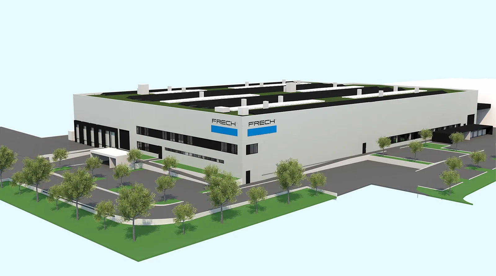 Ein 3D-Rendering eines modernen Industriegebäudes mit der Aufschrift „FRECH“ in Schorndorf, umgeben von grünen Bäumen, Zufahrten und Parkflächen unter klarem Himmel, das die sorgfältige Projektentwicklung über alle Leistungsphasen hinweg veranschaulicht.
