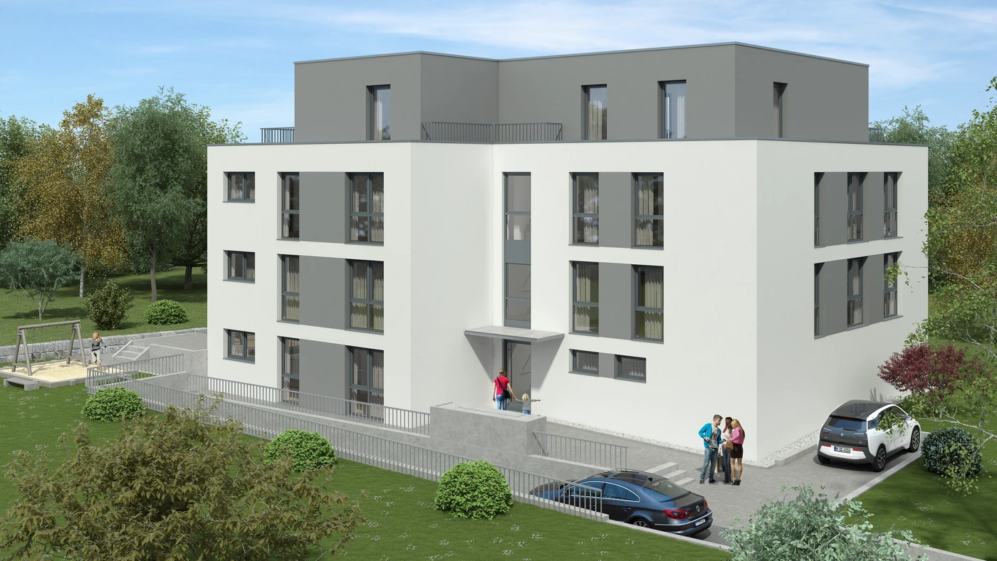 Modernes dreistöckiges Wohnhaus mit weiß-grauer Fassade, großen Fenstern, geparkten Autos, Menschen am Eingang und Grünflächen rund um das Gebäude. Das Gebäude befindet sich in Schorndorf; auf der linken Seite ist ein Spielplatz zu sehen.