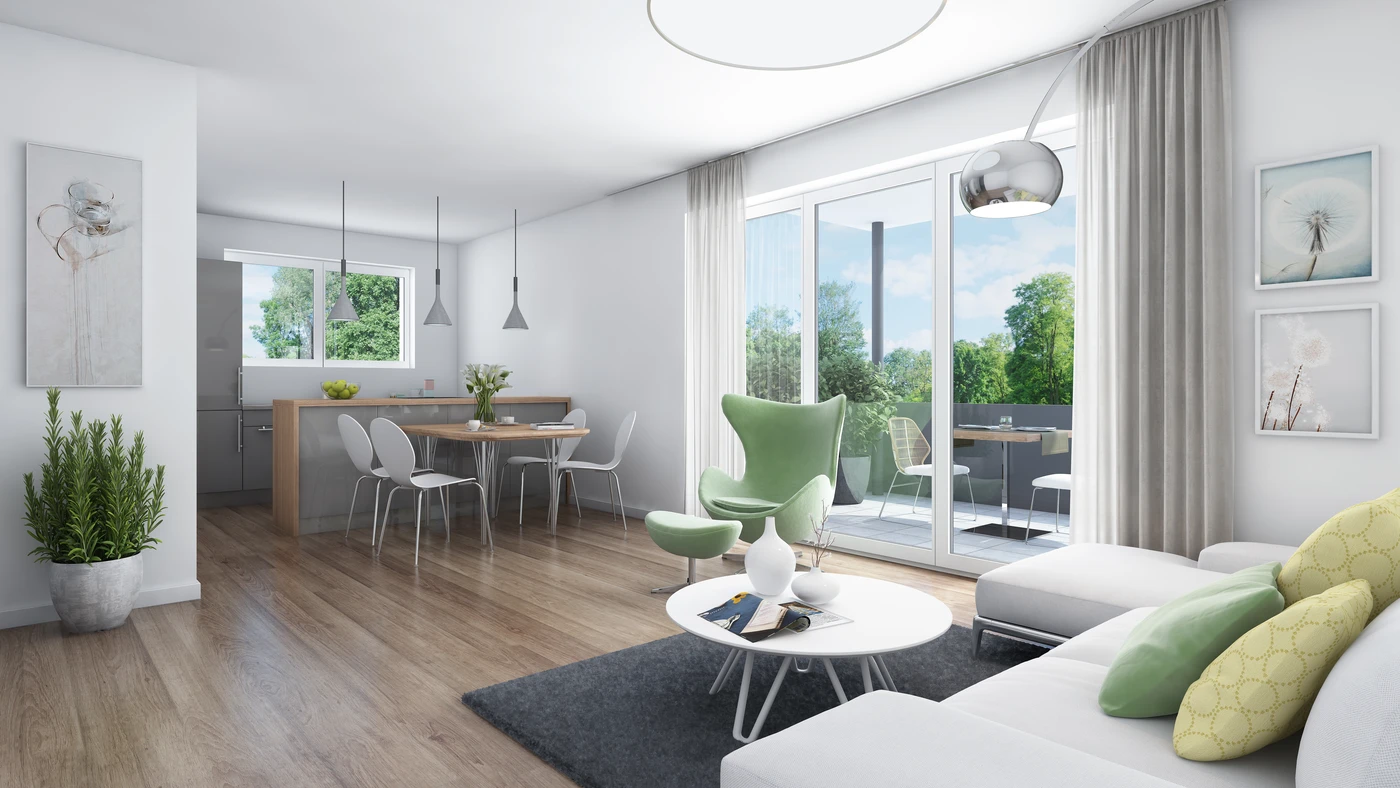 Ein modernes, helles Wohnzimmer von SCHATZ Architektur mit großen Fenstern, einem weißen Sofa, einem grünen Sessel, einem runden Tisch und einem Essbereich. Kunstwerke, Pflanzen und ein Balkon mit Sitzgelegenheiten im Freien sind zu sehen. Helle Holzböden und eine neutrale Einrichtung sorgen für eine luftige Atmosphäre in diesem einladenden Haus in Schorndorf, das für die stilvolle Projektentwicklung entworfen wurde.