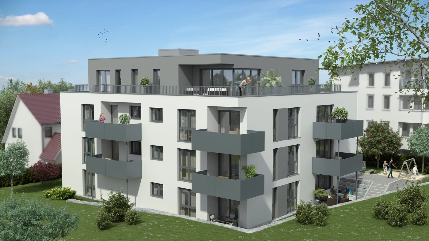 Ein modernes, weißes Mehrfamilienhaus mit grauen Balkonen, großen Fenstern, einer Dachterrasse und einem grünen Rasen – ein eindrucksvolles Beispiel für die Kompetenz von SCHATZ Architektur im Bereich der Projektentwicklung. Auf den Balkonen und im Hof sind Menschen zu sehen. Unter blauem Himmel umgeben Bäume und andere Häuser das Gebäude.