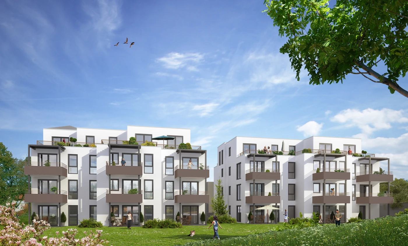 Die von SCHATZ Architektur entworfenen modernen, weißen Wohnbauten mit Balkonen liegen gegenüber einer Grünfläche, auf der sich die Menschen entspannen. Bäume und Blumen säumen den Vordergrund unter einem blauen Himmel mit vereinzelten Wolken und vorbeifliegenden Vögeln und zeugen von einer sorgfältigen Gesamtplanung über alle Leistungsphasen hinweg.