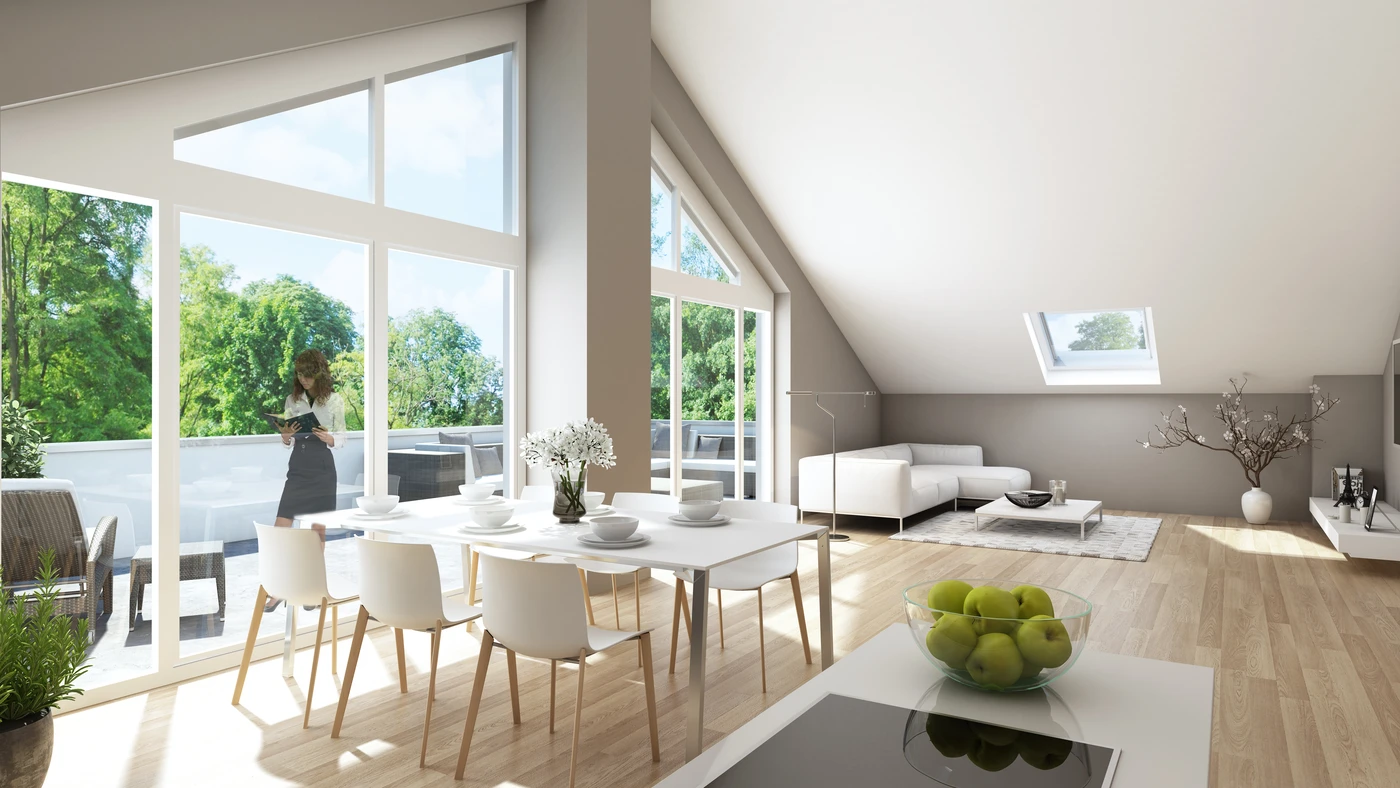 Heller, moderner Wohn- und Essbereich mit großen Fenstern, weißen Möbeln, Holzboden und einer Obstschale. Eine Frau steht auf dem Balkon, draußen ist Grün zu sehen. Dank einer durchdachten Gesamtplanung in allen Leistungsphasen profitiert die Wohnung in Schorndorf von einem Oberlicht, das dem Raum zusätzliches Tageslicht verleiht.