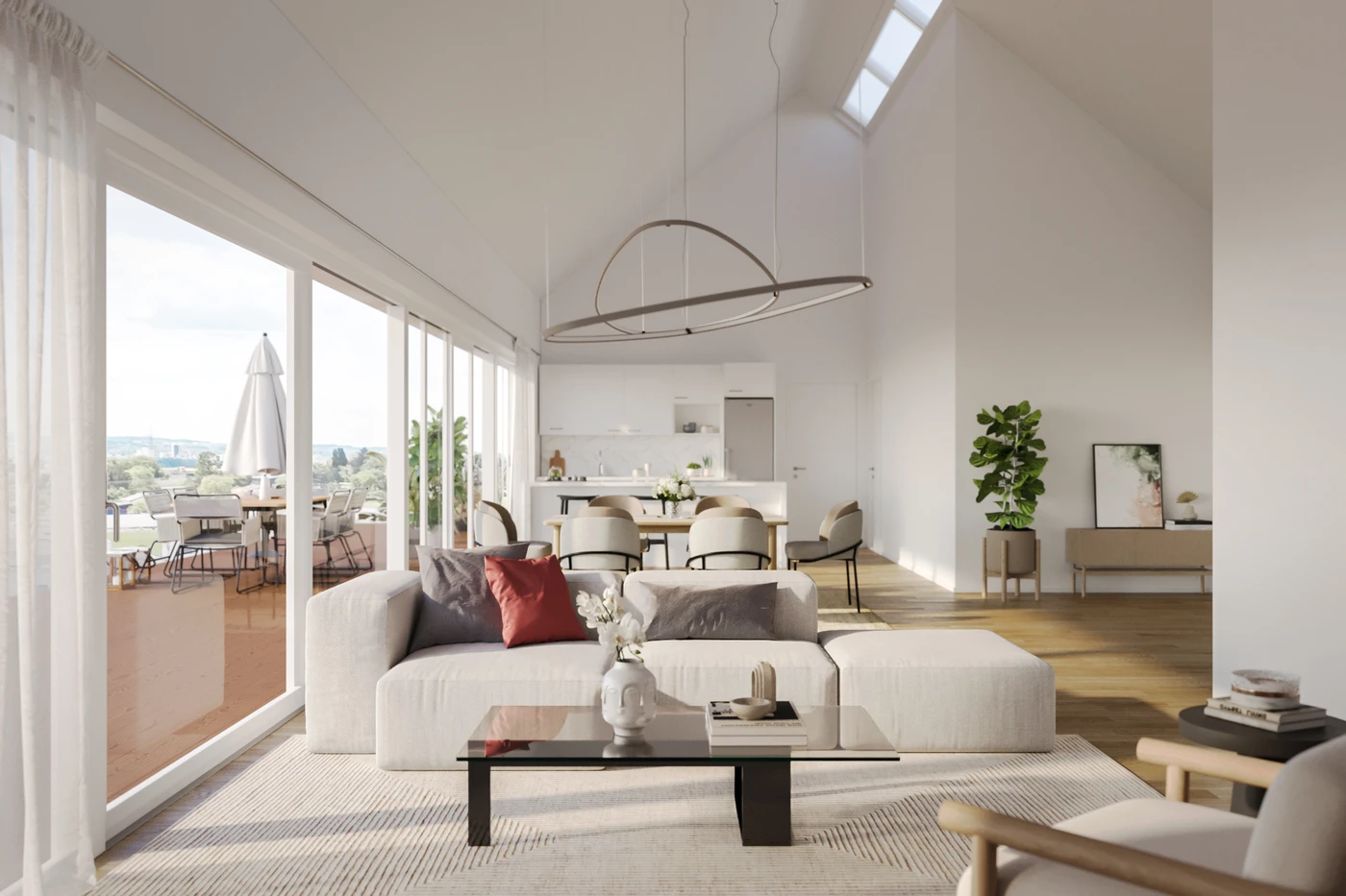 Ein modernes, helles Wohnzimmer mit großen Fenstern, neutraler Einrichtung, einem weißen Sofa, einem Couchtisch aus Glas, einem Essbereich, Zimmerpflanzen und einer durch die Glastüren einsehbaren Terrasse – fachmännisch gestaltet als Teil der umfassenden Generalplanung für ein Wohnbauprojekt in Schorndorf.