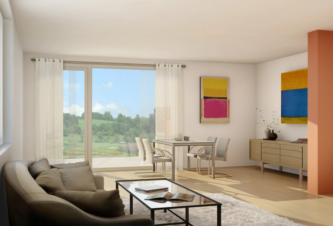 Helles Wohnzimmer mit großem Fenster, beigem Sofa, Glas-Couchtisch, Essbereich mit vier Stühlen, moderner Kunst an den Wänden, Anrichte und Blick auf die grüne Landschaft draußen. Weiße Vorhänge lassen das natürliche Licht sanft herein – ein einladender Raum, der durchdachten Entwurf und sorgfältige Projektentwicklung perfekt in Einklang bringt.