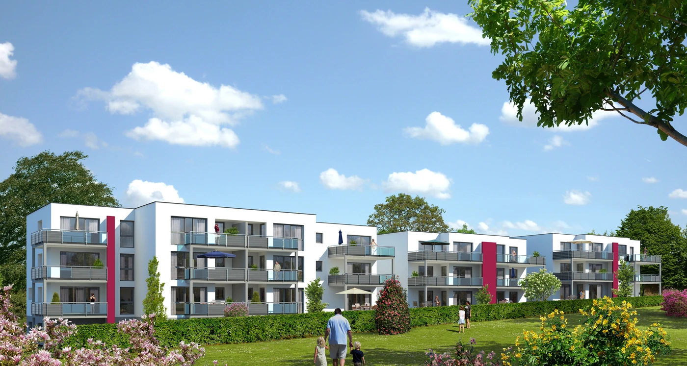 Moderne weiße Wohnblocks mit Balkonen, großen Fenstern und rosa Akzenten, entworfen von SCHATZ Architektur, schaffen eine zeitgemäße und einladende Atmosphäre. Die Menschen spazieren und entspannen sich auf einer Rasenfläche, umgeben von Blumen und Bäumen, unter einem blauen Himmel mit vereinzelten Wolken.