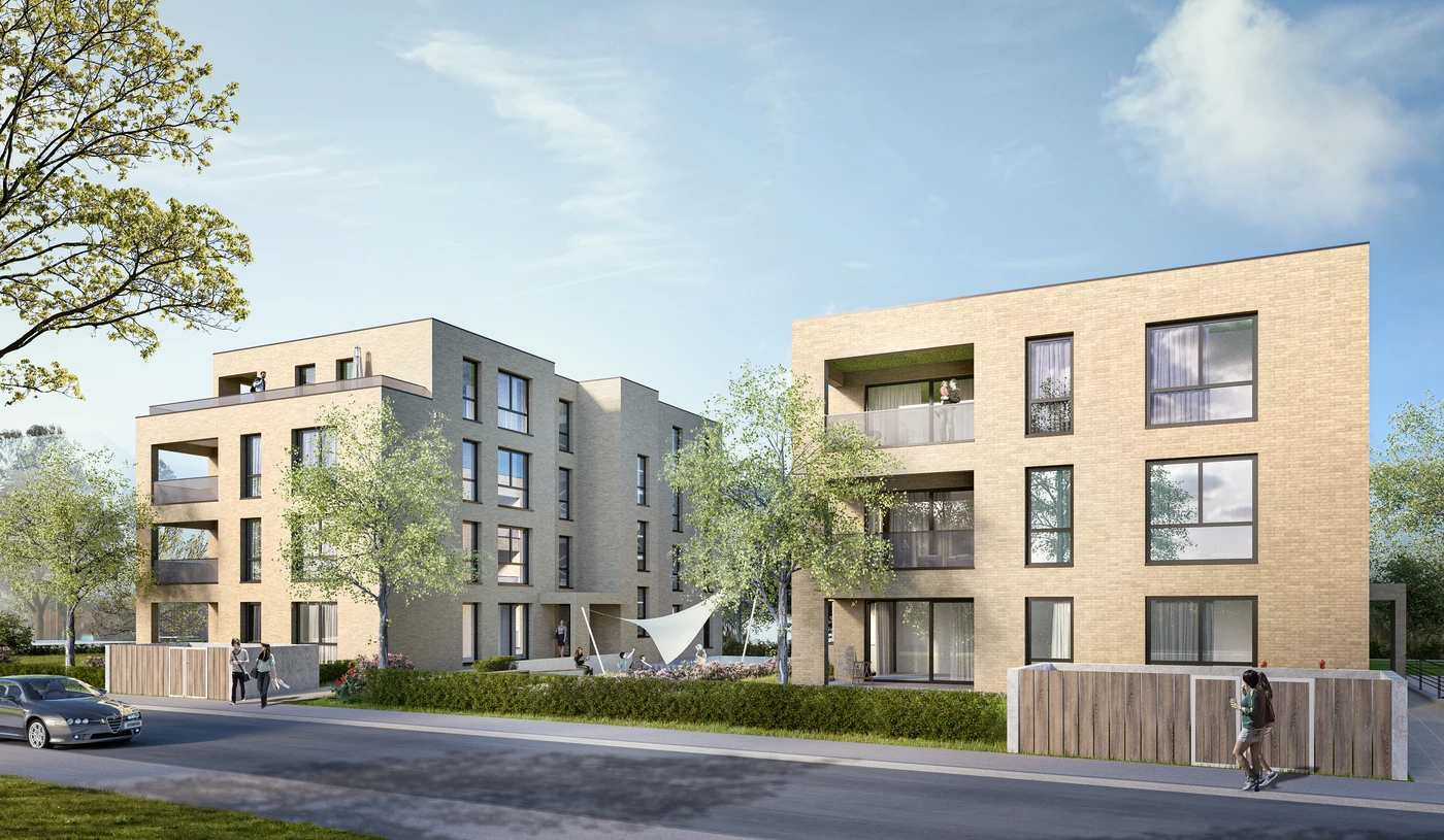 In Schorndorf erheben sich moderne dreistöckige Wohnhäuser mit großen Fenstern, hellen Backsteinfassaden und Balkonen. Die Gebäude sind von einer durchdachten Landschaftsgestaltung und Bäumen umgeben, was von einem sorgfältigen Entwurf und der Liebe zum Detail in allen Leistungsphasen zeugt. In der Nähe spazieren Menschen und genießen das Grün, während auf der Straße davor ein Auto geparkt ist.