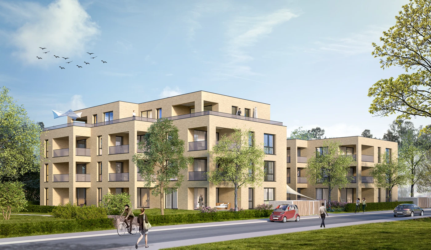 Moderne beigefarbene Mehrfamilienhäuser mit Balkonen, umgeben von Bäumen und Rasenflächen, spiegeln den innovativen Ansatz von SCHATZ Architektur und ihr Engagement für hochwertige Projektentwicklung in Schorndorf wider. Menschen spazieren und fahren mit dem Fahrrad die Straße entlang, während unter blauem Himmel, über dem Vögel fliegen, ein rotes Auto vorbeifährt.