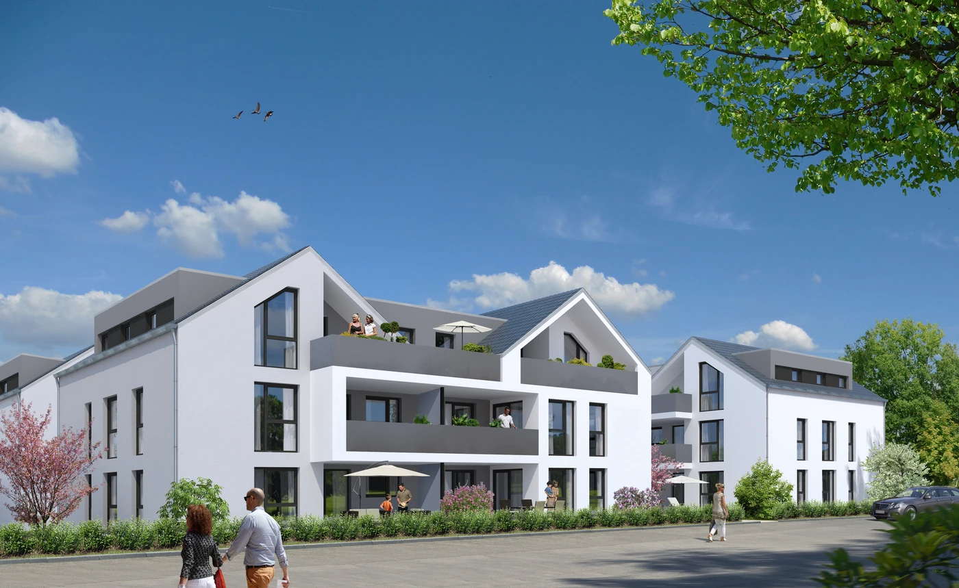 Moderne weiße Wohnbauten mit Balkonen, entworfen von SCHATZ Architektur, sind von üppigem Grün umgeben. Im Vordergrund sind zwei Menschen zu sehen, während ein klarer Himmel mit vereinzelten Wolken und darüber fliegenden Vögeln die ruhige Atmosphäre unterstreicht. Auf den Balkonen sind einige Bewohner zu sehen, die die durchdacht gestaltete Umgebung genießen – ein Beweis für die fachkundige Projektentwicklung und Generalplanung.