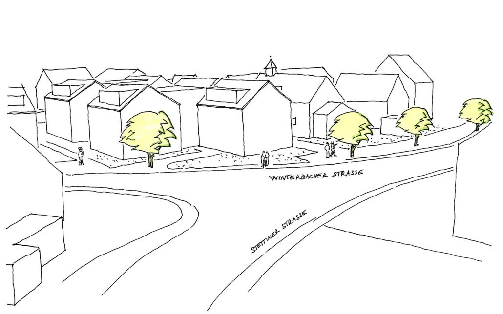 Eine einfache Strichzeichnung einer Straßenecke mit Häusern, Bäumen und Menschen, inspiriert von der städtischen Atmosphäre Schorndorfs. Die Straßen sind mit „Winterbacher Straße“ und „Stuttgarter Straße“ beschriftet. Einige Bäume sind gelb schattiert, und die Gebäude – gezeichnet mit klaren schwarzen Linien – spiegeln die akribische Vision von SCHATZ Architektur und deren Ansatz bei der Generalplanung wider.