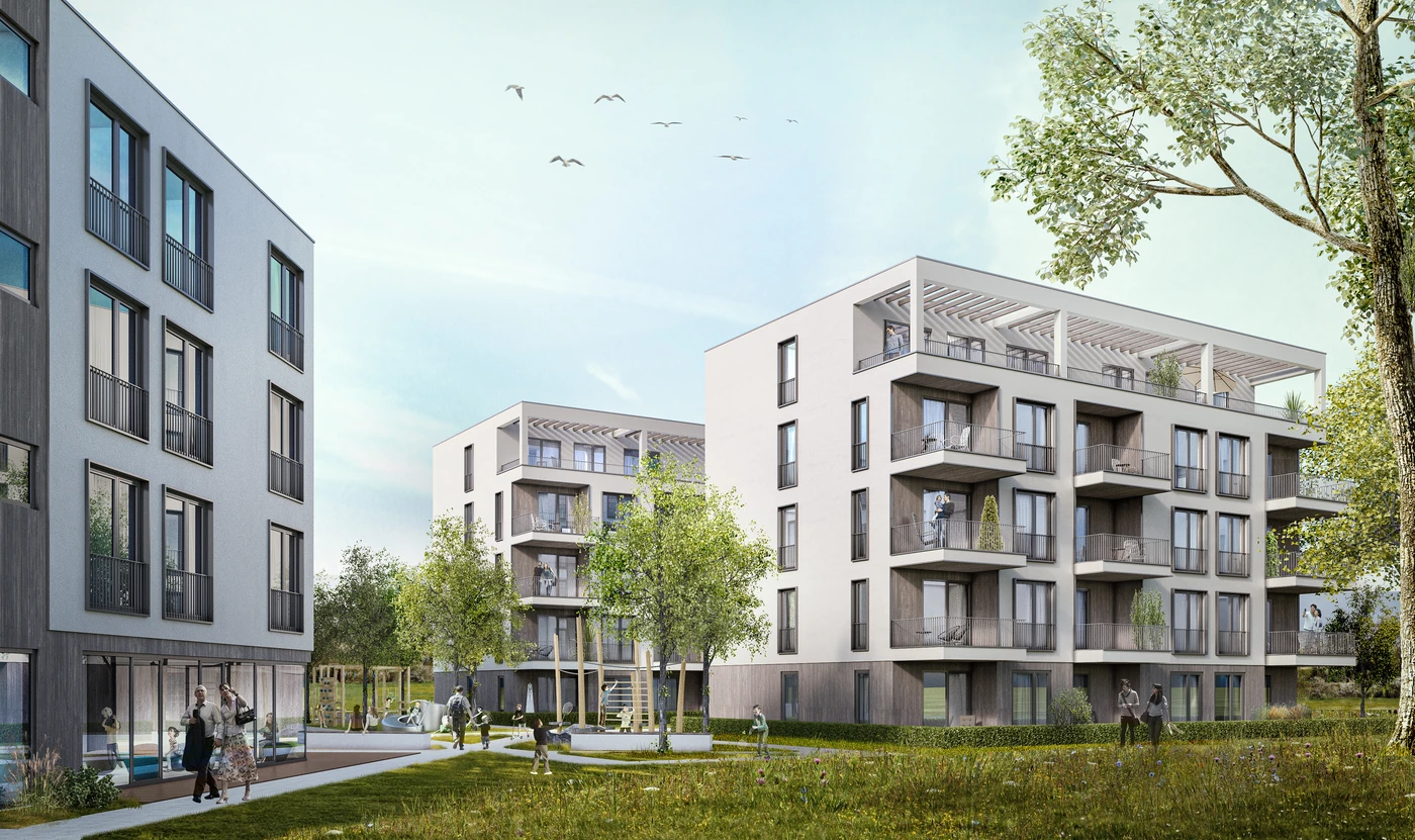 Moderne Mehrfamilienhäuser mit Balkonen umgeben einen begrünten Innenhof mit Bäumen, was von einem durchdachten Entwurf und einer sorgfältigen Projektentwicklung zeugt. Unter strahlendem Himmel, über dem einige Vögel fliegen, spazieren Menschen, sitzen und spielen im Freien. Die Atmosphäre wirkt ruhig und gemeinschaftsorientiert – das Ergebnis gut durchdachter Leistungsphasen im Planungsprozess.