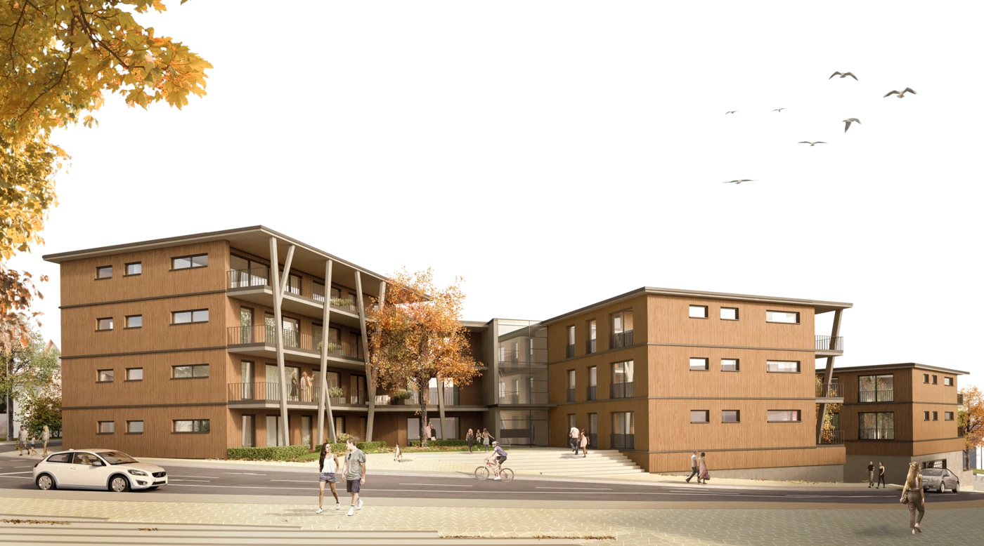Moderne dreistöckige Wohnhäuser mit braunen Fassaden, großen Fenstern und Balkonen – entworfen von SCHATZ Architektur – prägen das Bild der belebten Straßen von Schorndorf. Die Menschen spazieren, radeln und entspannen sich im Freien, während ein Auto in der Nähe geparkt ist; Herbstblätter schmücken die Szenerie, und Vögel fliegen über den strahlend blauen Himmel.