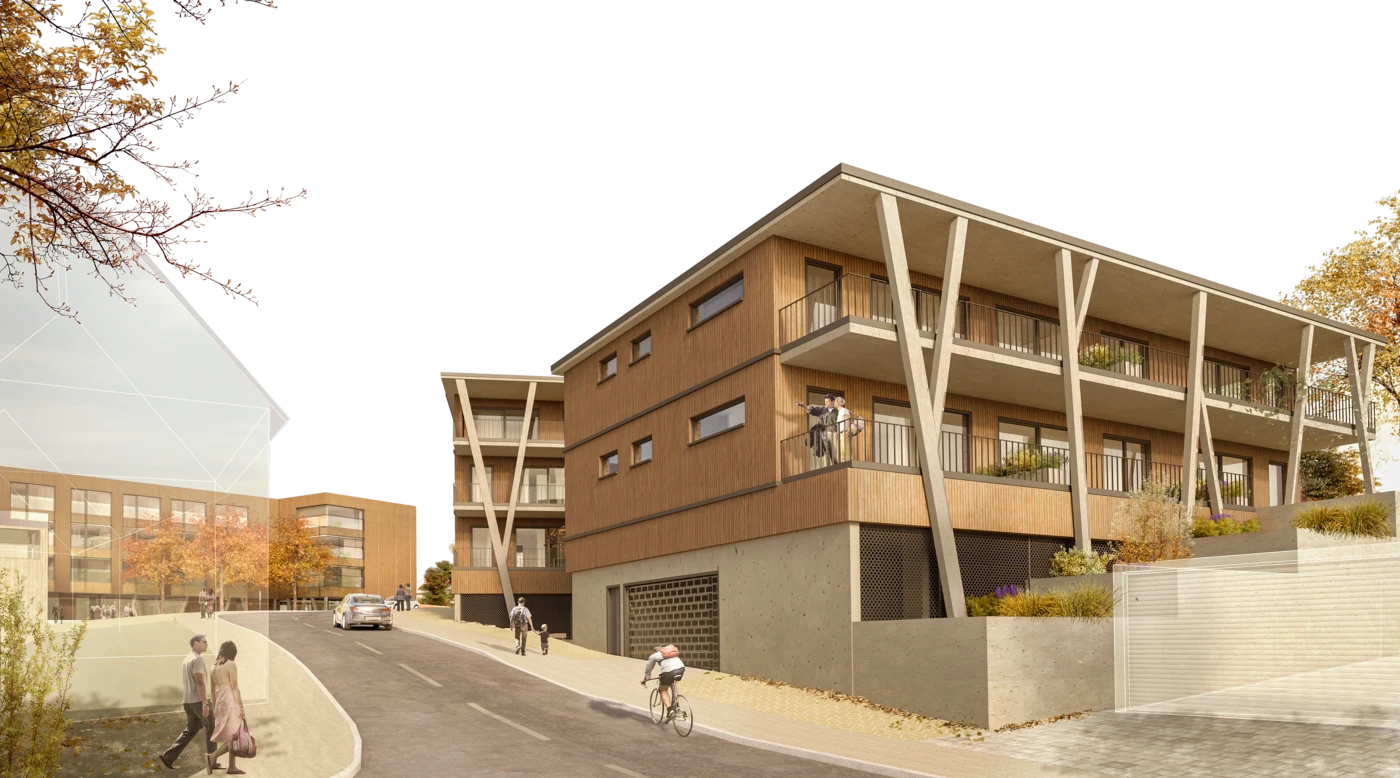 Moderne Wohnbauten mit großen Balkonen und einzigartigen, schräg angeordneten Stützen entlang einer abfallenden Straße, die den innovativen Entwurf von SCHATZ Architektur widerspiegeln. Draußen, inmitten von Bäumen mit herbstlichem Laub, gehen Menschen spazieren, fahren mit dem Fahrrad und unterhalten sich, während in der Nähe Autos geparkt sind.