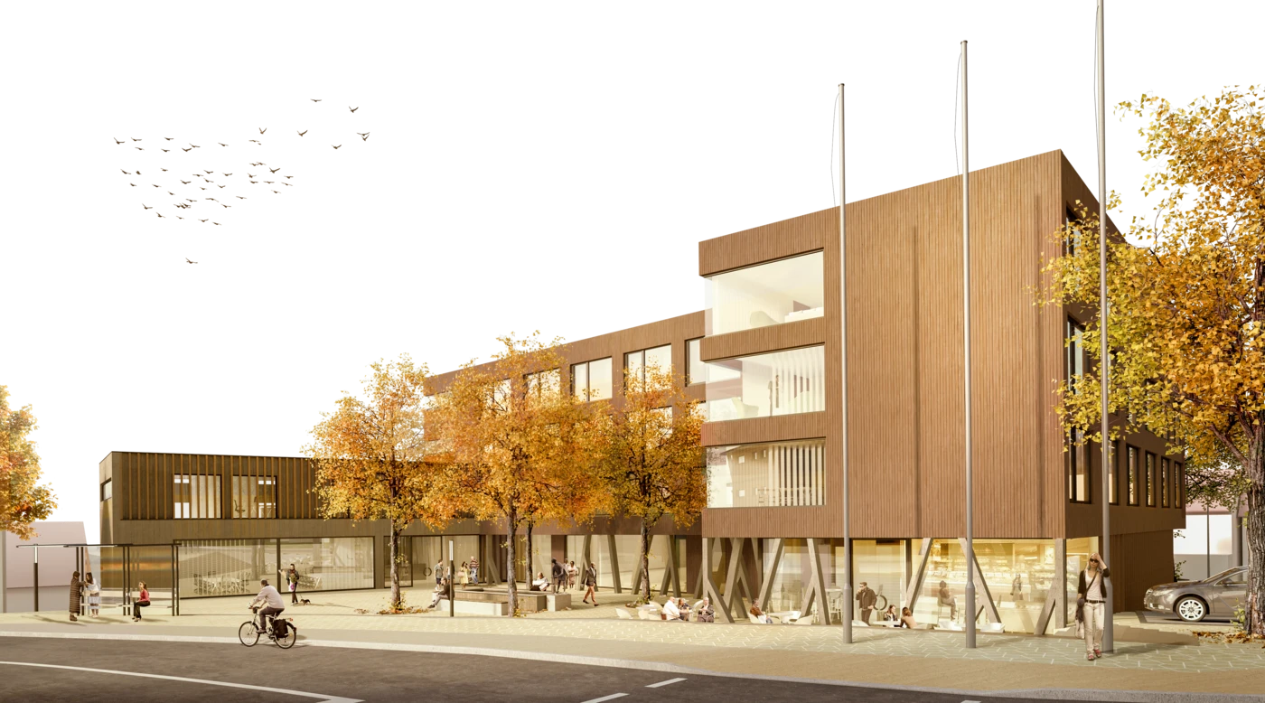 Ein modernes dreistöckiges Gebäude mit großen Fenstern und Holzvertäfelungen, umgeben von herbstlich gefärbten Bäumen, präsentiert den durchdachten Entwurf von SCHATZ Architektur. Die Menschen spazieren, radeln und sitzen draußen und genießen die einladende Atmosphäre. Vor dem Gebäude stehen drei leere Fahnenmasten, während Vögel über den Himmel fliegen – ein Spiegelbild der Harmonie, die durch die sorgfältige Generalplanung erreicht wurde.