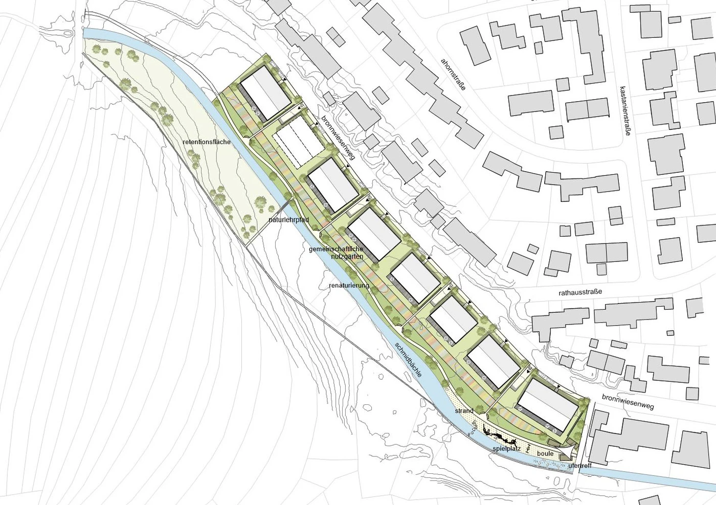 Ein Lageplan, der rechteckige Gebäude entlang einer schmalen Grünfläche mit Wegen, einem Fluss, Bäumen sowie nahegelegenen Straßen und anderen Bauwerken zeigt, verdeutlicht die sorgfältige Planung und Projektentwicklung für das Gebiet um Schorndorf.