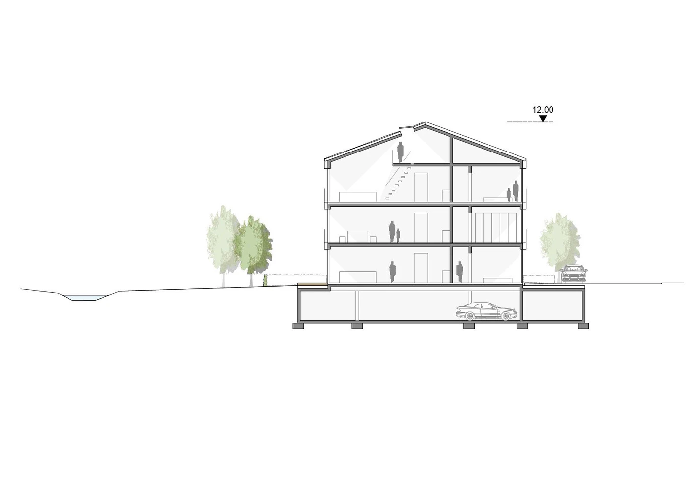 Querschnittszeichnung eines dreistöckigen Hauses, die Innenräume, Personen, Treppen und Möbel zeigt – mit Bäumen und Autos im Außenbereich –, zur Veranschaulichung der Entwurfsphase in der Projektentwicklung. Im Erdgeschoss befindet sich eine Garage; die oberen Stockwerke veranschaulichen deutlich die Generalplanung mit durchdacht angeordneten Wohnbereichen und Räumen.