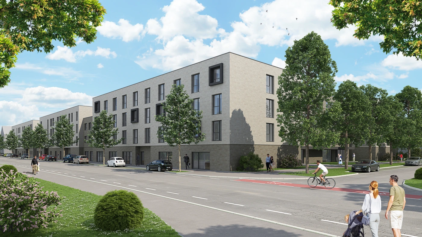 Moderne Wohnblocks säumen eine von Bäumen gesäumte Straße mit geparkten Autos, Menschen, die zu Fuß unterwegs sind oder mit dem Fahrrad fahren, und strahlendem, sonnigem Wetter. Der Himmel ist blau mit vereinzelten Wolken – eine harmonische Stadtszene, die durch die Projektentwicklung und das durchdachte Design von SCHATZ Architektur geprägt ist.