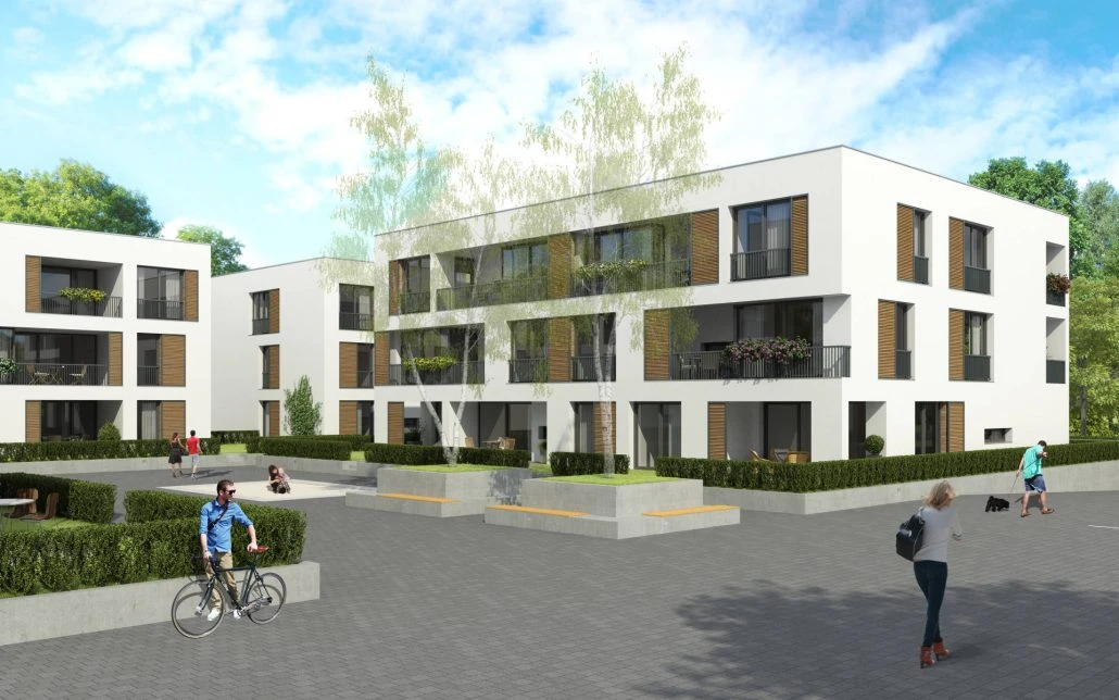 Moderne weiße Wohnbauten mit großen Fenstern und Balkonen, umgeben von viel Grün, zeugen von durchdachtem Entwurf und Liebe zum Detail. Menschen gehen zu Fuß oder fahren mit dem Fahrrad, und ein Kind spielt auf dem gepflasterten Innenhof dieser einladenden Wohnanlage in Schorndorf. Der Himmel ist blau und von vereinzelten Wolken durchzogen.