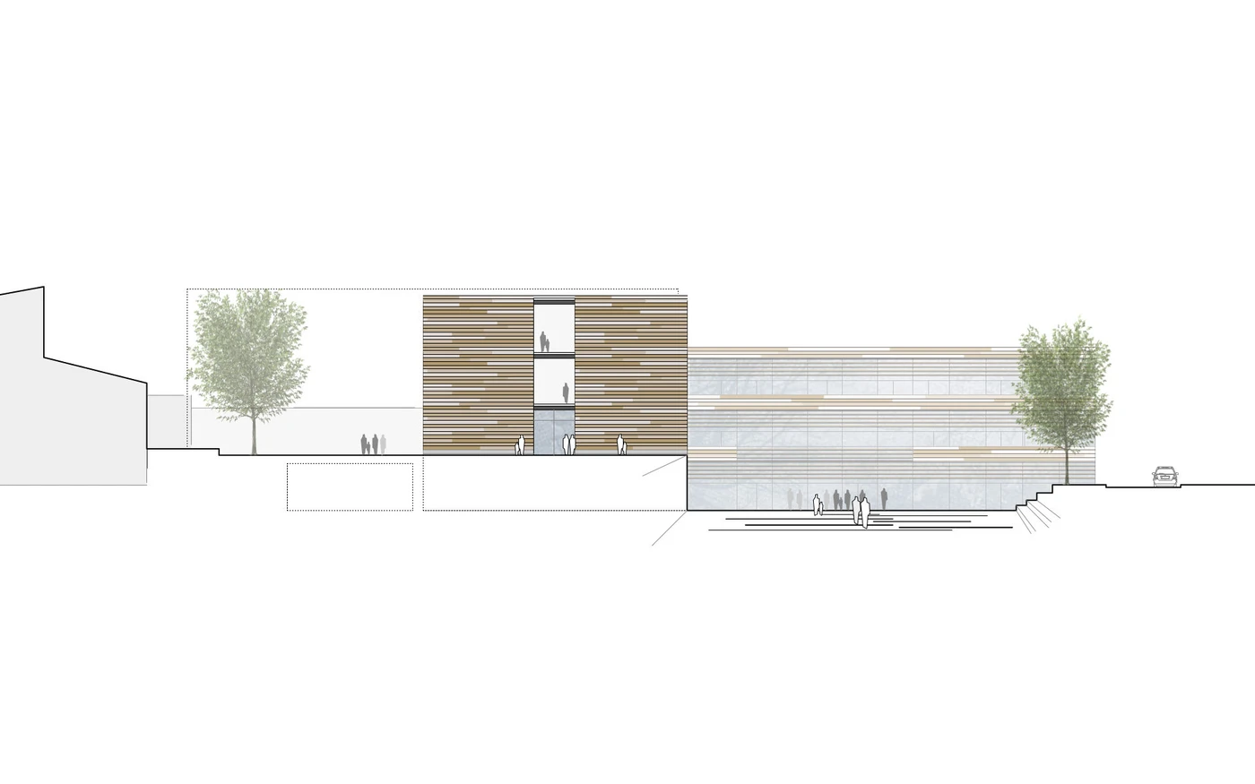 Architekturfassadenzeichnung eines modernen Gebäudes mit horizontalen Linien, zwei Bäumen, kleinen Menschenfiguren als Maßstab und minimalen Hintergrunddetails – ideal zur Veranschaulichung des Entwurfs und verschiedener Leistungsphasen im Rahmen der Generalplanung.