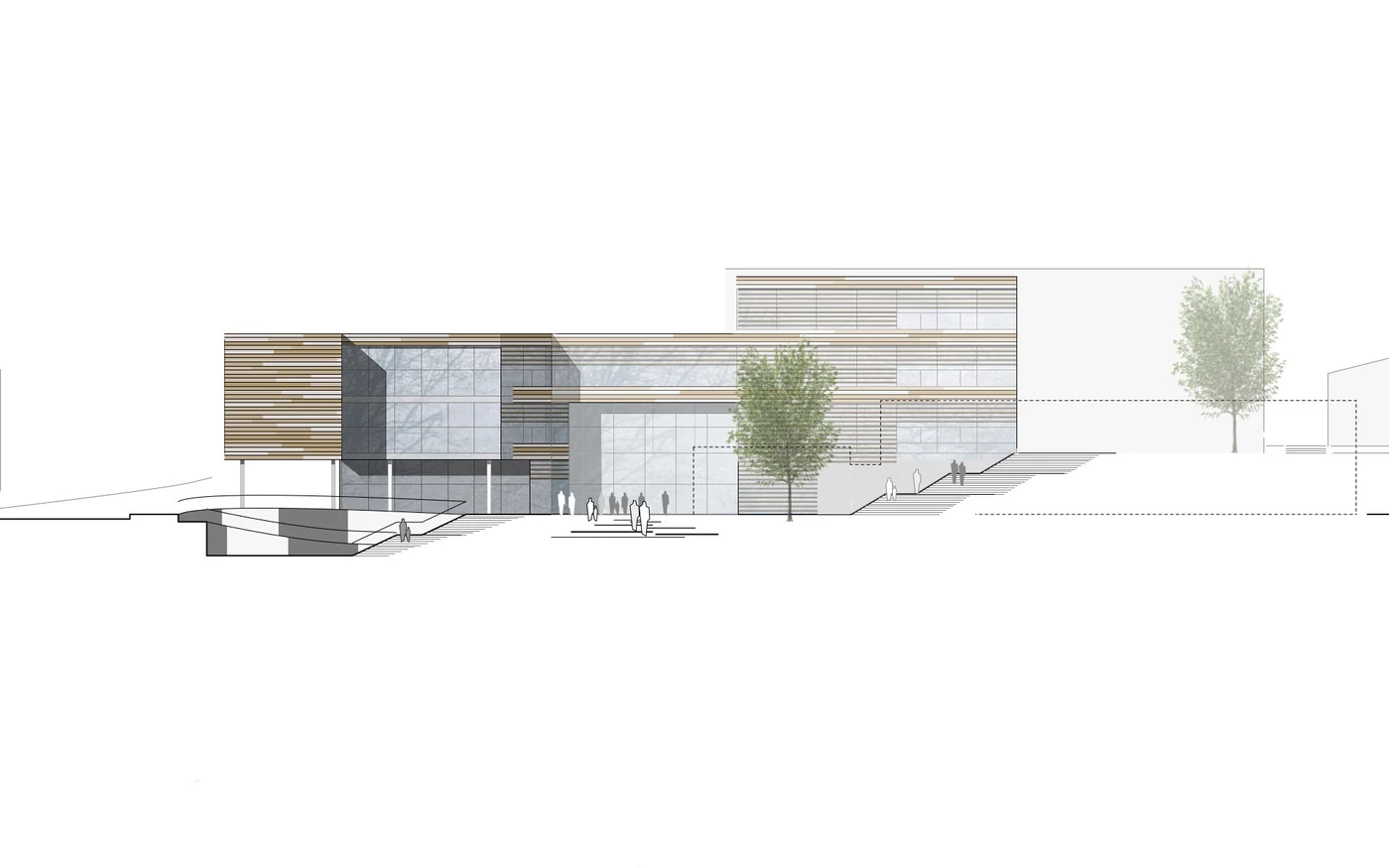Bildung Architekturvisualisierung eines modernen Gebäudes mit Glas- und Holzverkleidung, drei Stockwerken, zwei Bäumen und den Silhouetten von gehenden Menschen – alles vor weißem Hintergrund –, die für innovative Projektentwicklung in Schorndorf über alle relevanten Leistungsphasen hinweg steht.