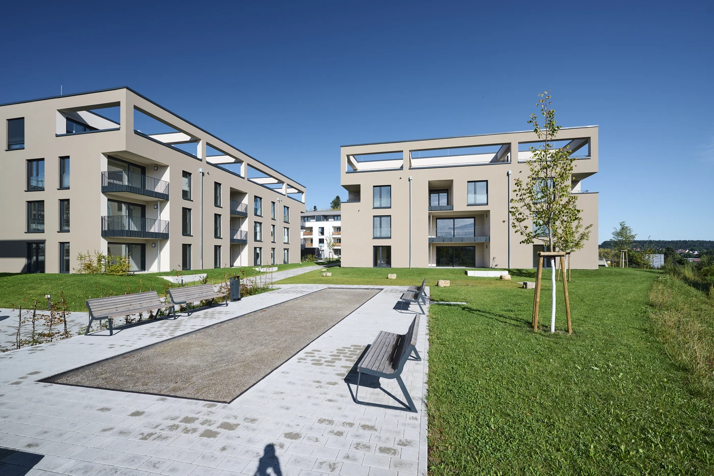 Pflege Moderne Wohnanlagen mit großen Fenstern und Balkonen, umgeben von grünen Rasenflächen. Ein gepflasterter Weg mit Bänken und jungen Bäumen verläuft unter strahlend blauem Himmel zwischen den Gebäuden und spiegelt den durchdachten Entwurf von SCHATZ Architektur im Rahmen einer innovativen Projektentwicklung wider.