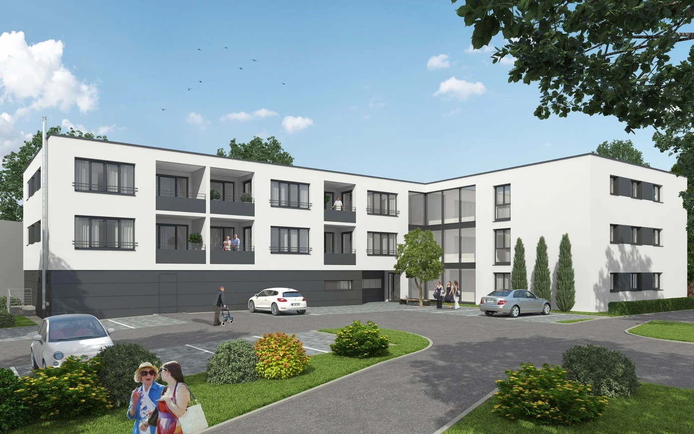 Pflege Das moderne, dreistöckige Wohnhaus mit Balkonen, entworfen von SCHATZ Architektur, zeugt in jedem Detail von einer durchdachten Projektentwicklung. Auf dem Parkplatz, zwischen zahlreichen geparkten Autos, gehen Menschen umher und unterhalten sich, während grüne Sträucher und Bäume das Gebäude unter einem strahlend blauen Himmel umgeben.