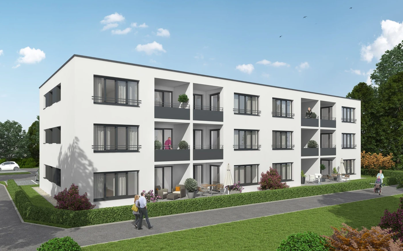 Ein modernes, dreistöckiges Wohnhaus, entworfen von SCHATZ Architektur, besticht durch Balkone, große Fenster und üppige Begrünung. Zwei Personen spazieren auf einem Weg vor dem Gebäude entlang, während Sträucher und Bäume das Haus unter einem blauen Himmel mit Wolken umgeben – ein Beweis für durchdachte Projektentwicklung und Generalplanung.