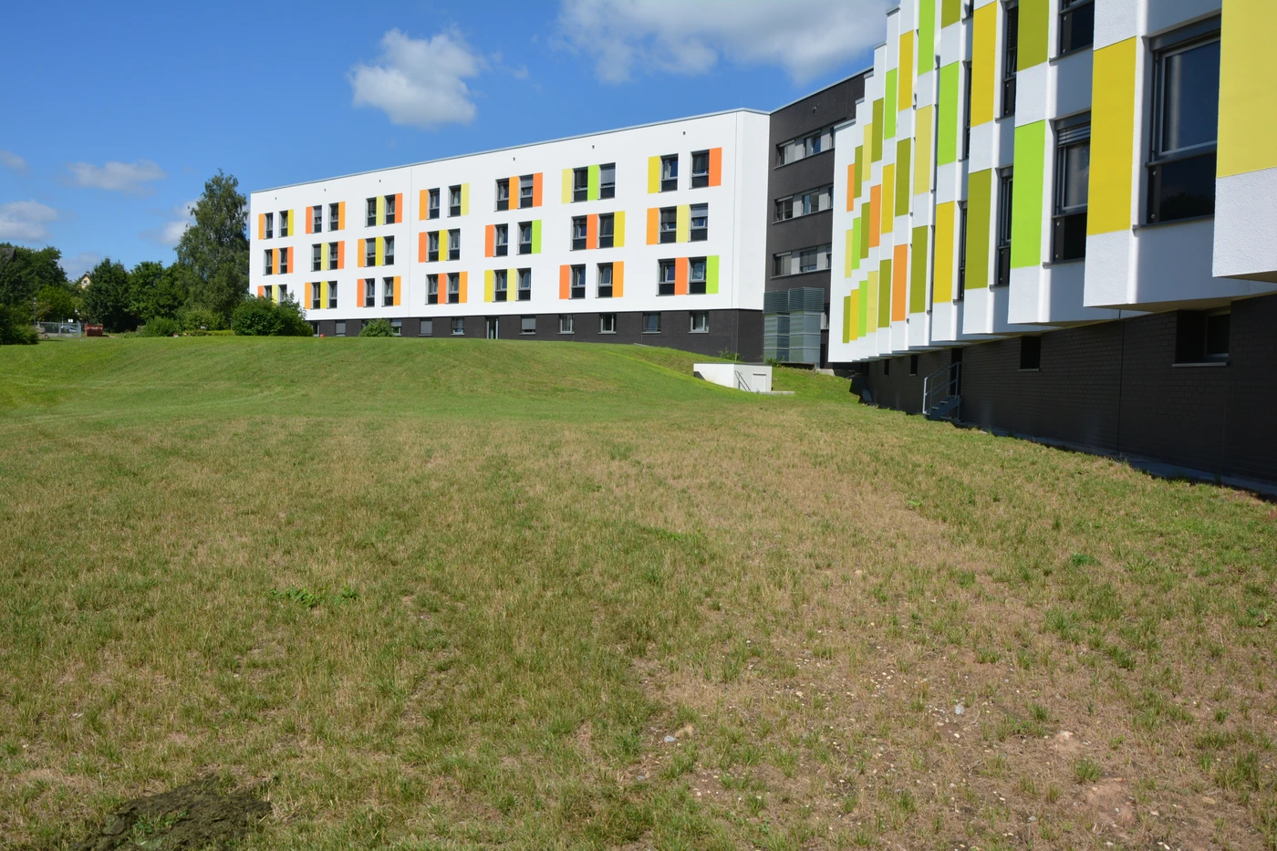 Ein modernes Gebäude, das durch innovativen Entwurf und durchdachte Projektentwicklung entstanden ist, besticht durch weiße Wände und farbenfrohe Fensterfronten und erhebt sich neben einer großen Rasenfläche unter einem blauen Himmel mit vereinzelten Wolken.