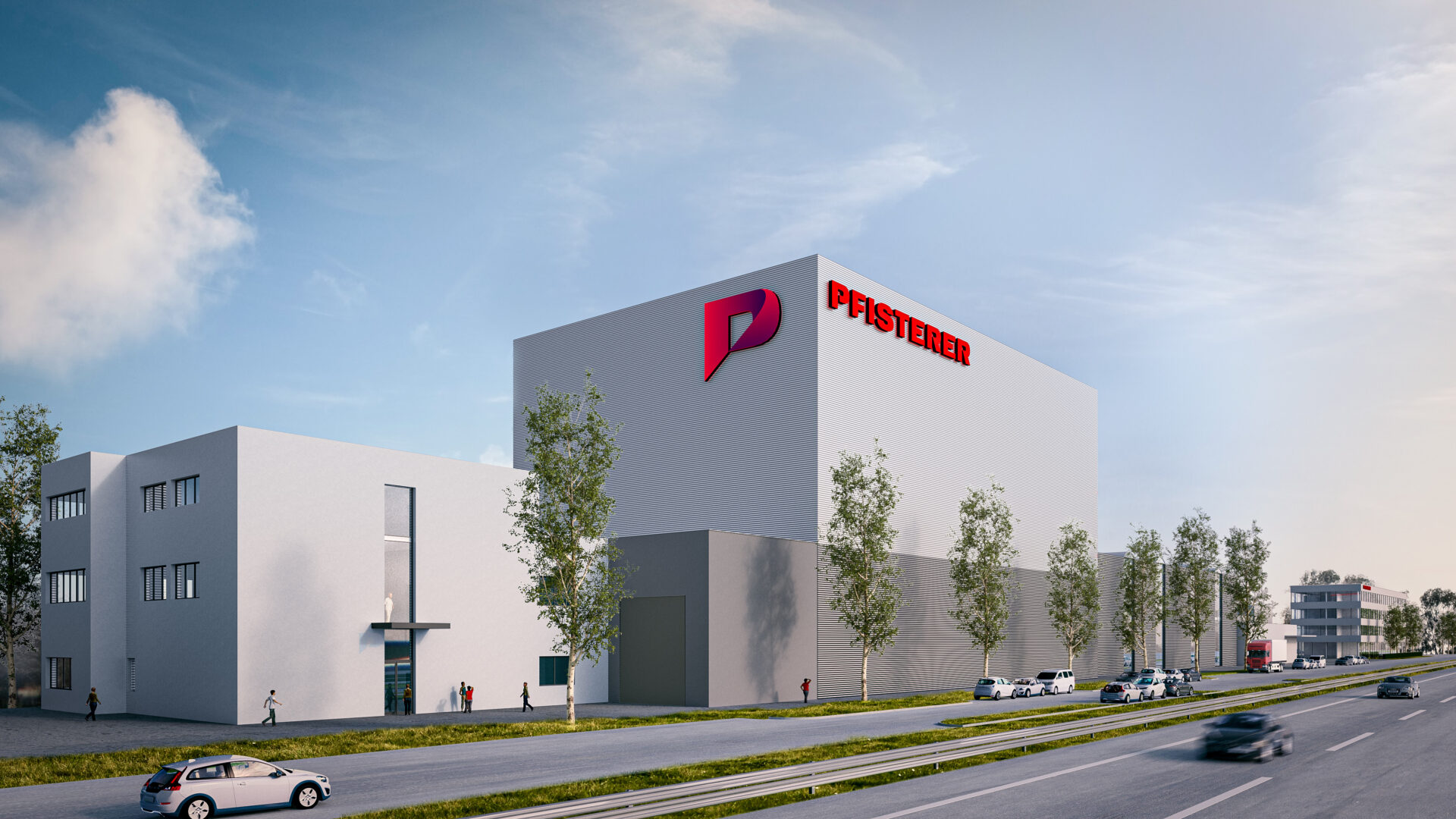 Architektur Ein modernes, weißes Geschäftsgebäude mit dem roten Pfisterer-Logo und einem stilisierten „P“ oben drauf, umgeben von Bäumen, Autos und einem strahlend blauen Himmel.