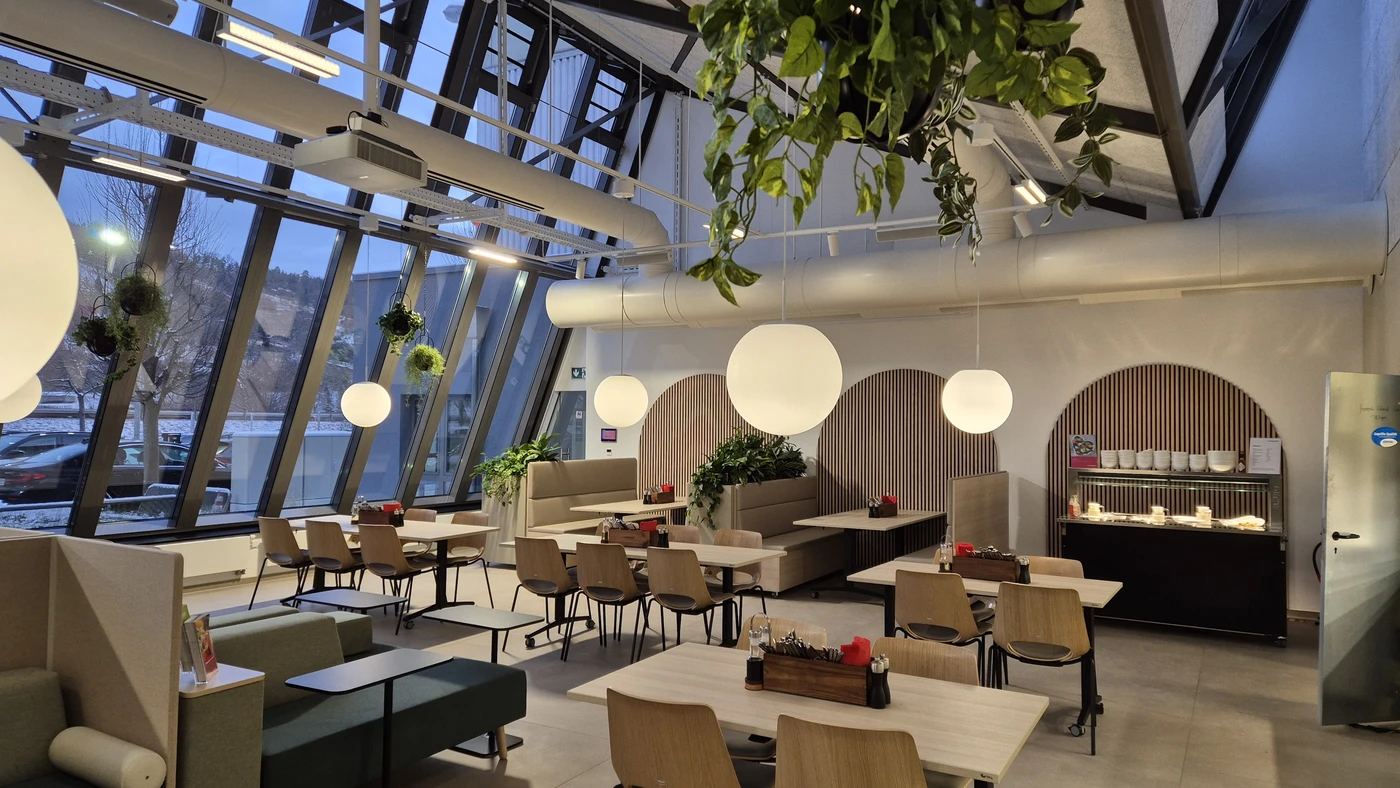 Umbau Betriebsrestaurant Pfisterer Winterbach Ein modernes, großzügiges Café mit Holztischen, beigen Stühlen, Hängepflanzen und kugelförmigen Pendelleuchten – ein einladendes Interieur, das durch die Expertise von SCHATZ Architektur in den Bereichen Generalplanung und Projektentwicklung geprägt ist. Große Fenster geben den Blick auf eine verschneite Landschaft frei. An der Rückwand reihen sich Sitznischen aneinander; in einer Anrichte wird das Zubehör aufbewahrt.