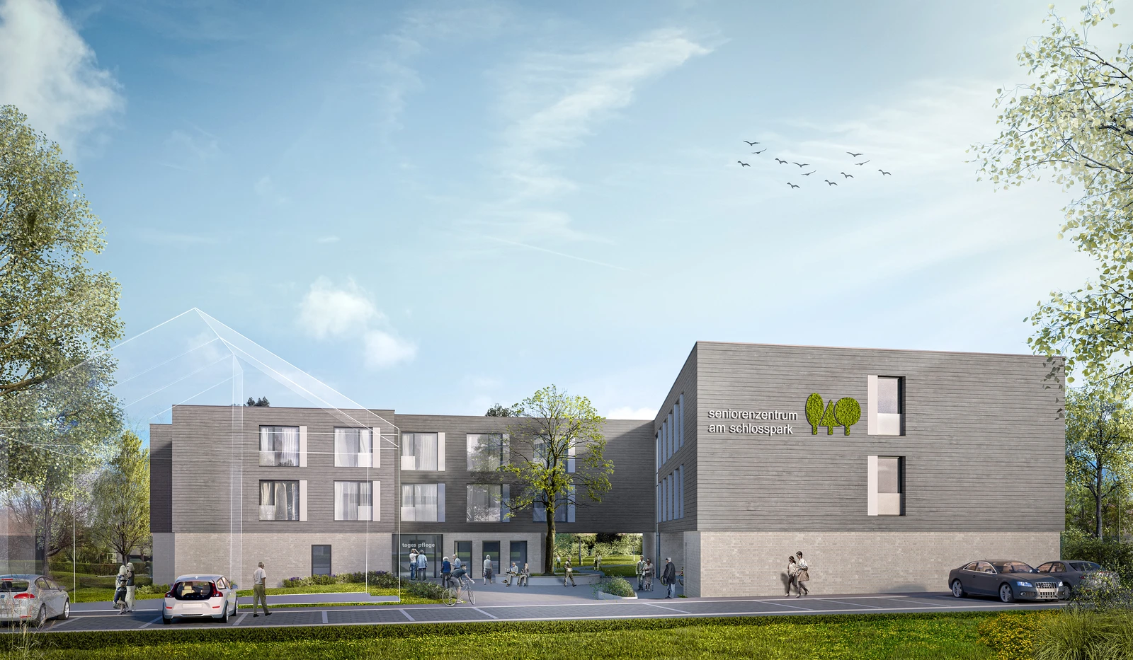 Architektur Modernes dreistöckiges Gebäude mit grauer Fassade, Menschen, die zu Fuß gehen oder mit dem Fahrrad fahren, mehrere geparkte Autos, Bäume ringsum und ein strahlend blauer Himmel, über dem Vögel fliegen. Das Gebäude verfügt über große Fenster und ein Schild mit grünen Baumlogos.
