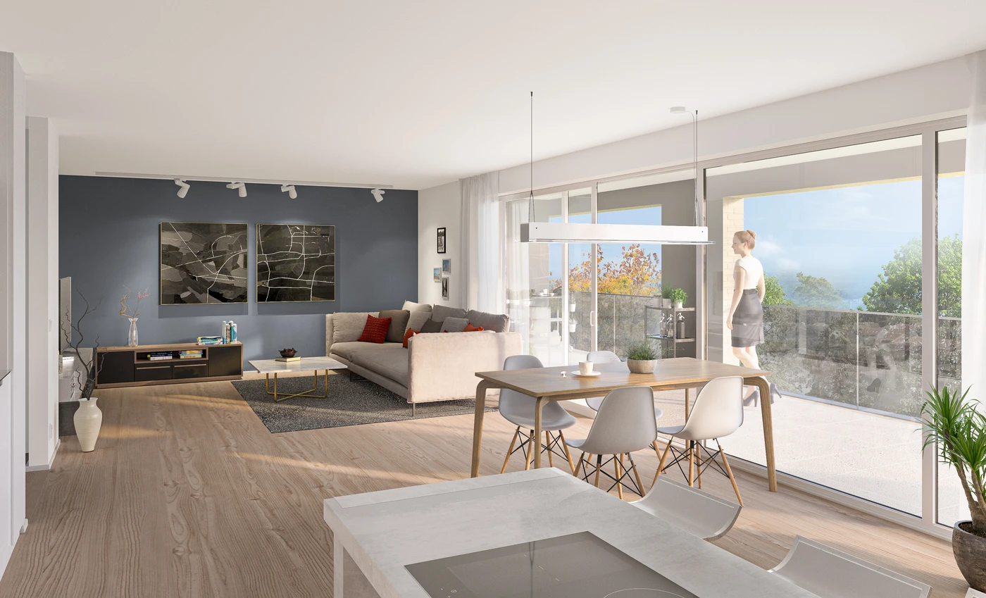 Mehrfamilienhaus Löwenseestraße 24 Schorndorf Moderner Wohn- und Essbereich mit großen Fenstern, Holzböden, einer grauen Akzentwand und einem weißen Sofa. Der Raum, der im Rahmen einer innovativen Projektentwicklung in Schorndorf entworfen wurde, zeigt eine Person, die auf dem Balkon steht und den malerischen Ausblick genießt.