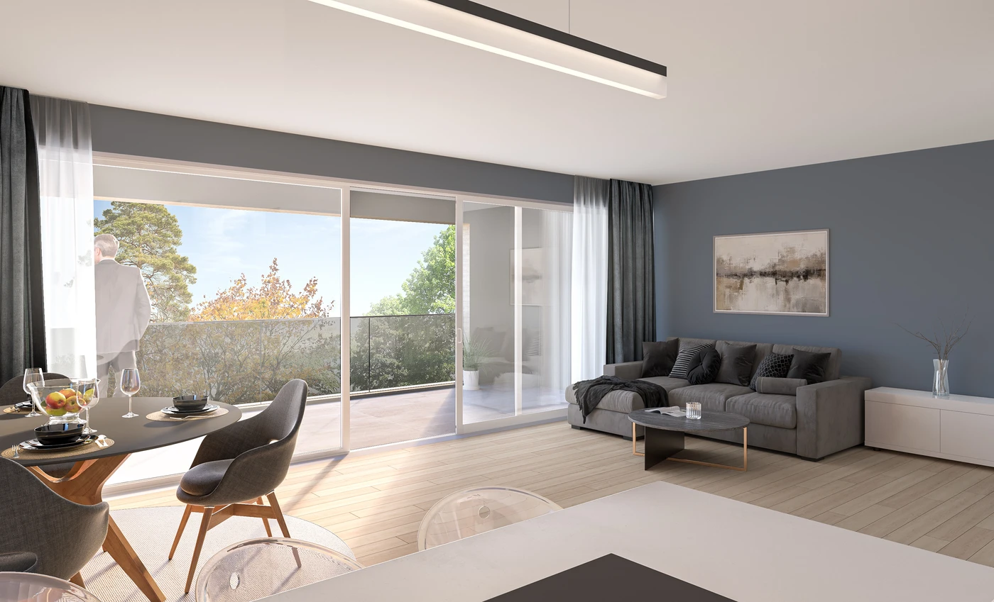 Ein modernes Wohnzimmer mit einem grauen Sofa, einem Esstisch für zwei Personen, großen Fenstern mit transparenten Vorhängen und einem Balkon mit Blick auf die Bäume draußen – das in jedem Detail eine durchdachte Gesamtplanung widerspiegelt. Eine Person steht auf dem Balkon und genießt die ruhige Umgebung von Schorndorf.