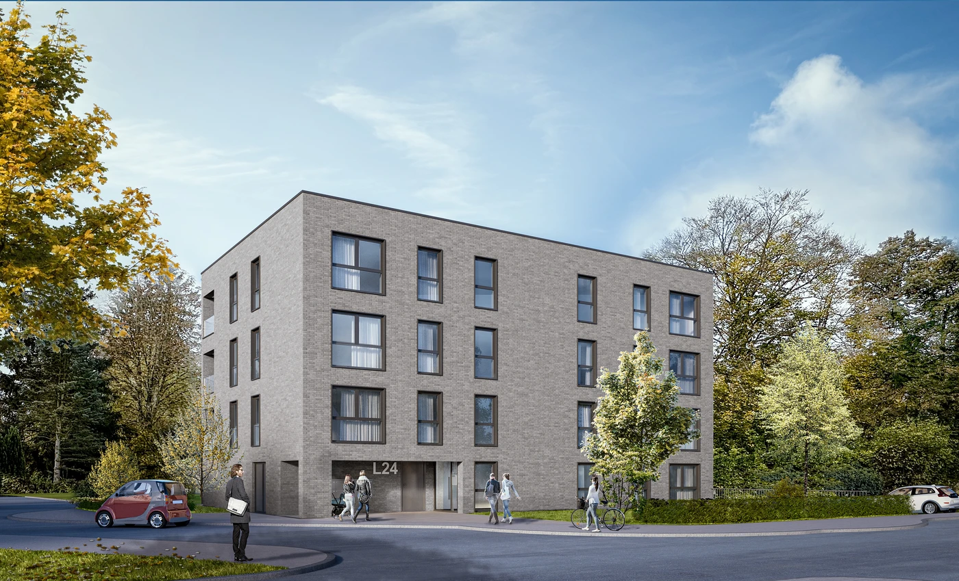 Startseite Ein modernes vierstöckiges Wohnhaus mit grauer Backsteinfassade, großen Fenstern und der Aufschrift „L24“ über dem Eingang – entworfen von SCHATZ Architektur im Rahmen ihrer Generalplanung. In der Nähe sind Fußgänger und Radfahrer unterwegs. Bäume und Grünflächen umgeben das Gebäude; an der Straßenecke steht ein rotes Auto.