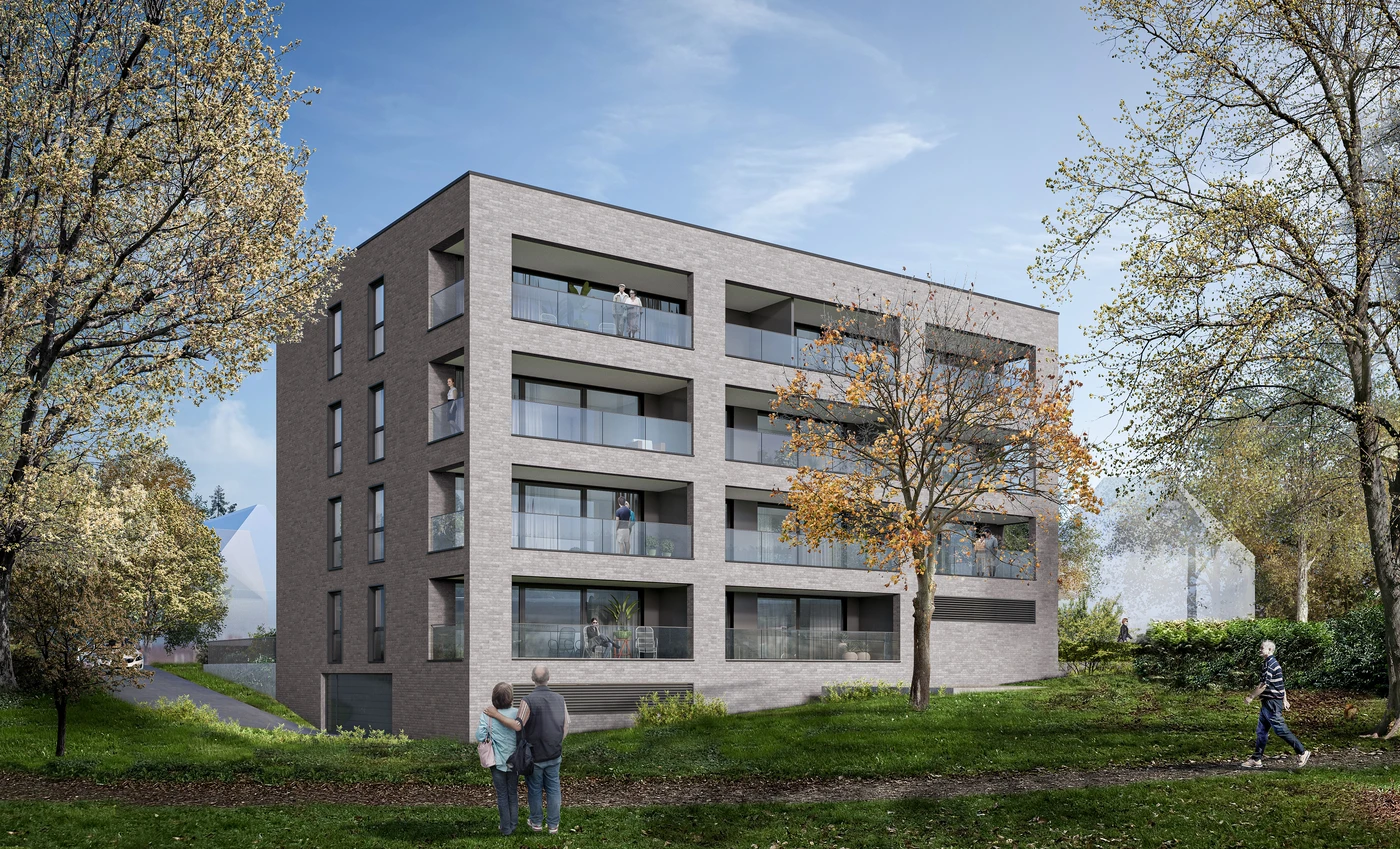 Mehrfamilienhaus Löwenseestraße 24 Schorndorf Ein modernes, vierstöckiges Wohnhaus mit Balkonen, umgeben von Bäumen und Rasenflächen, zeugt von durchdachtem Entwurf und Projektentwicklung. Im Vordergrund stehen zwei Menschen nebeneinander, während ein Kind unter bewölktem Himmel auf einem nahegelegenen Weg entlangläuft.