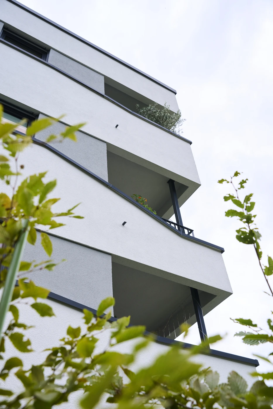 Ein modernes, weißes Mehrfamilienhaus mit Balkonen, von unten betrachtet und im Vordergrund teilweise von grünen, blättrigen Ästen eingerahmt, vor einem bewölkten Himmel, veranschaulicht den durchdachten Ansatz von SCHATZ Architektur bei der Generalplanung über alle Leistungsphasen hinweg.