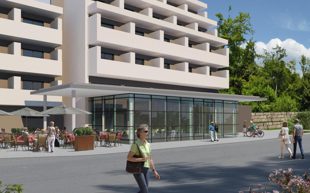 Architekturvisualisierung der Außenansicht eines modernen Hotels mit einer Lobby mit Glaswänden und einem Sitzbereich im Freien im Erdgeschoss.